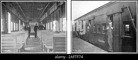 . Scientific American Volume 91 août 1904 Numéro 09 (). ceable principalement sur l'intérieur. En place d'une allée de chaque côté, il n'y a qu'onethrough le centre, comme dans l'ordinaire coach. Cette isprobably une amélioration jusqu'à présent comme offrant morespace pour sièges, mais le plan undoubtedlydetracts à partir de l'objet réel des portes latérales, c'est,de permettre aux voitures d'être les plus andemptied rapidement rempli. Une autre différence est que le Wabashscoaches ont seulement quatre portes de chaque côté, ou huit danstoutes les, tandis que ceux utilisés par l'Illinois Central a tento le côté, soit un total de vingt. Ce i Banque D'Images