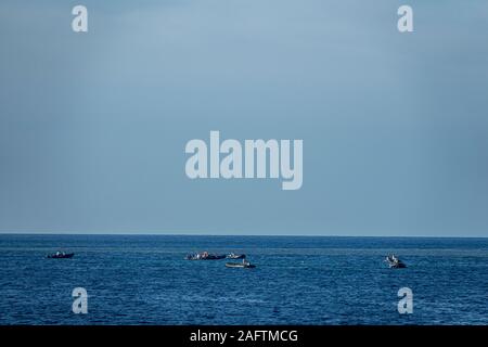 De zodiacs du Ponant L'Austral expedition cruise ship en tenant les passagers : plongée libre au parc marin de Wakatobi, Indonésie Banque D'Images