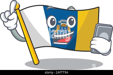 Personnage de l'île des Canaries drapeau parlant de défilement avec téléphone Illustration de Vecteur