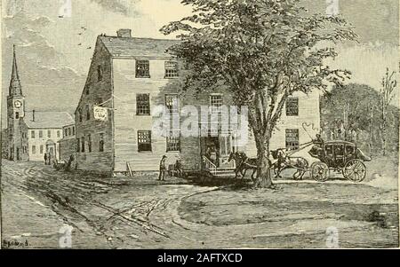 . L'histoire de Springfield dans le Massachusetts, pour les jeunes ; d'être aussi dans une partie de l'histoire de d'autres villages et villes dans le comté de Hampden. James W. Hale. 94 HISTOIRE DE SPRINGFIELD glimpses et side-lights des événements comme ils ont adopté et madehistory maintenant pour les États-Unis. C'est sur une journée dans Juneof l'année 1775, lorsqu'un comité permanent sur la rue Main, près de la Chambre de la Cour, et la recherche de rue, peut-être vu un caval-cade de cavaliers venant du nord. Ils avaient l'justcrossed river et avait tourné dans la rue principale de j^^&£-JjMj. Parsons Tavern, principales et de l'Orme Rue. La Banque D'Images