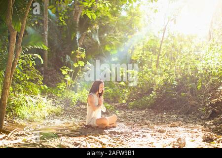 Serene woman meditating in sunny, tranquille, woods, Sayulita Nayarit, Mexique Banque D'Images