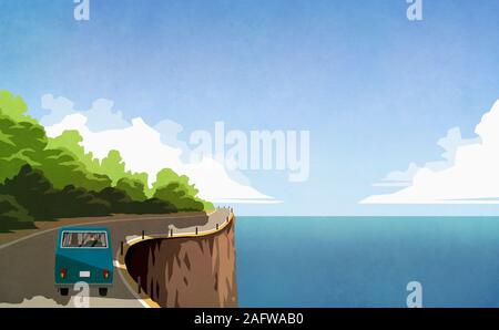 Couple driving retro van le long ocean cliff Banque D'Images