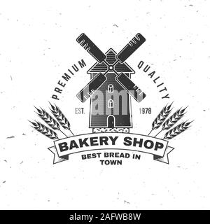 Bakery Shop. Vecteur. Concept pour le badge, shirt, étiquette, d'impression, de timbres ou de pièce en t. Typographie design avec moulin, texte, les épis de blé d'ossature. Modèle pour les objets d'identité restaurant, l'emballage et menu Illustration de Vecteur