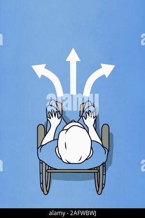 Homme en fauteuil roulant s'est arrêté à flèches alternées Banque D'Images