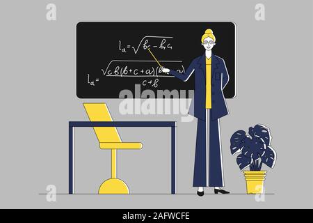 Femme professeur de mathématiques est holding pointeur près tableau en classe, télévision vecteur. Illustration de Vecteur