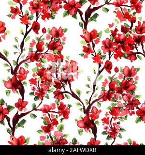 Rouge cerise ou japonais Sakura. Dessins floraux rose. L'Aquarelle transparente modèle pour le design textile tissu ou d'écran. Motif floral romantique Banque D'Images