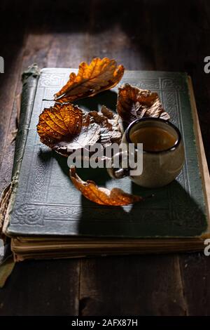 Feuilles sur un vieux livre avec un délicieux café.Vintage style.Ancienne table.fit manger et boire Banque D'Images