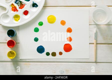 Concept Art - roue de couleurs, les peintures à la gouache, pinceau et palette Banque D'Images