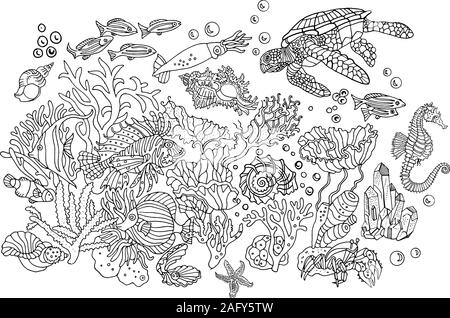 Monde sous-marin : environnement, nature, mer, océan. Illustration à la main. La page de coloriage, carte postale. Illustration de Vecteur