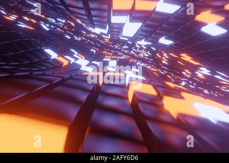 Résumé Contexte L'espace 3D avec une perspective de cubes métalliques et les éléments lumineux de la lumière. Moyen de l'infini. Banque D'Images