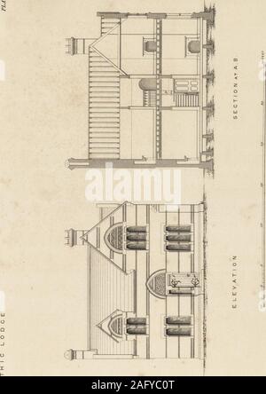 . Cottage, lodge, villa et l'architecture. Le centre la fenêtre arquée de matin-prix et son gable;sur la gauche, l'entrée de porte et tour, avec l'aile cuisine apparaissant behindit ; et sur la droite sont montré les deux fenêtres de flanc du salon, et lavis de sa baie. Conception POUR UNE VILLA DANS LE STYLE élisabéthain. La Section coupe le rez-de-chaussée sur la ligne A-B, à travers la salle à manger, hall, et l'élaboration des prix à sud, les chambres respectives, sur la galerie et sur le premier étage. En vertu de la salle la section traverse la ligne de bacs de la cave à vin. § La plaque contient la Roo Banque D'Images