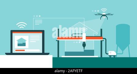 L'imprimante 3D de la construction d'une maison et l'ordinateur de l'envoi d'informations données à la machine, imprimée en 3D accueil et de l'industrie de construction innovatrices solutions Illustration de Vecteur