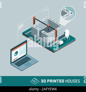 Maison d'impression 3D imprimante 3D avec la technologie de l'ordinateur connecté et transmission des données et de traiter l'information, l'innovation de l'industrie de la construction, isome Illustration de Vecteur