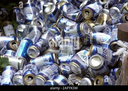 Pile de boîtes de bière vide Busch dans cour privée Banque D'Images