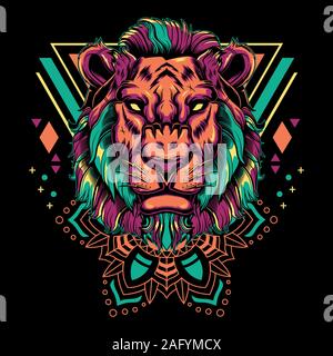 Lion Cool Mandala Vecteur Illustration de la géométrie en fond noir pour T-Shirt Graphiques, hoodies, débardeurs, des tasses, des affiches, des autocollants, etc. Illustration de Vecteur