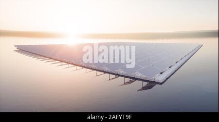 Image aérienne de centrale solaire flottante sur la ferme lac calme dans beau coucher de soleil avec paysage forêt brumeuse et ciel nuageux en arrière-plan. Banque D'Images