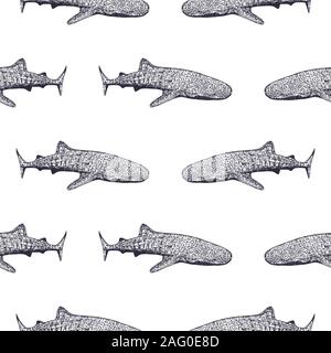 Motif de la main sans couture croquis abstrait style requins ethnique isolé sur fond blanc. Vector illustration. Illustration de Vecteur