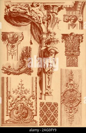 Ornements en plâtre, France, 17e et 18e siècles, (1898). 'Fig 1 : Panel décoration lors de portes et fenêtres, niches dans la salle du trône du Château de Fontainebleau, de style Louis XIV [c1643-1715]. Fig 2 : Projection d'avion modèle dans les panneaux de portes et fenêtres, niches dans la chambre à coucher de la reine dans le même château, de style Louis XIV. Fig 3 : la sculpture sur bois à partir d'un lambris dans le château de Bercy, de style Louis XIV. Fig 4 : capitale d'un miroir dans la chambre de l'hôtel de Lauzun à Paris, de style Louis XIV. Fig 5 : Capital conçu par le maître allemand Paul Decker, style Louis XIV. Fig 6 : C Banque D'Images