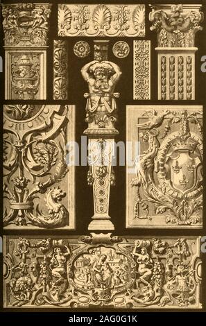 Ornements Renaissance française de pierre et de bois, (1898). 'Fig 1 : capital-pilastre d'une cheminée dans l'H&# xf4;tel Lasbordes à Toulouse (Fran&# xe7;ois I), [16e siècle]. Fig 2 : panneau sculpté sur le lambris de la galerie de Fran&# xe7;ois I dans le château de Fontainebleau. Fig 3 : panneau sculpté-ornement d'une porte dans le palais de justice à Dijon (Fran&# xe7;ois je jusqu'à Henri II). Fig 4 : Torus-décoration de la chapelle du château d'Anet (Henri II), [16e siècle]. Fig 5 : Décoration d'une fenêtre-cadre sur le Louvre à Paris (Henri II). Fig 6 : Bois-rosette, à partir de la galerie d'Henri II dans le château Banque D'Images