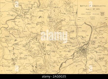 Carte de la bataille de Gravelotte, le 18 août 1870, (c1872). Site : 'Drawn en vertu de la Superintendance de capitaine Hozier', montrant les positions ennemies. La bataille de Gravelotte, le plus grand engagement de la guerre franco-allemande, a eu lieu près de Gravelotte, un village de Lorraine entre la ville de Metz et l'ancienne frontière franco-allemande. "De la guerre franco-allemande : ses causes, d'incidents et conséquences", Volume I, par le capitaine H M Hozier. [William Mackenzie, Londres, 1872] Banque D'Images