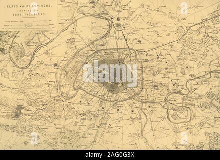 "Paris et ses environs, montrant les fortifications', (c1872). Site : 'Drawn sous la direction du Capitaine Hozier, montrant les batteries prussiennes et françaises (positions d'artillerie). Après la désastreuse défaite des Français de Sedan et de la capture de Napoléon III, les Prussiens entouré Paris le 9 septembre 1870. La ville qui a eu lieu en dépit de la famine, la maladie et le froid jusqu'à ce qu'un bombardement avec des canons de siège a conduit à son abandon le 28 janvier 1871. "De la guerre franco-allemande : ses causes, d'incidents et conséquences", Volume II, par le capitaine H M Hozier. [William Mackenzie, Londres, 1872] Banque D'Images