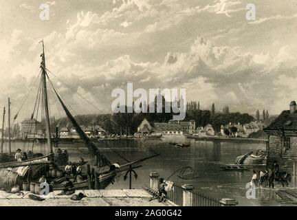 'Mannheim', c1872. Vue de la ville de Mannheim, qui se trouve au confluent du Rhin et du Neckar en Allemagne. Un cargo est amarré au quai. Dans la distance est l'église des Jésuites, construite au 18ème siècle. (Il a été gravement endommagée pendant la Seconde Guerre mondiale). "De la guerre franco-allemande : ses causes, d'incidents et conséquences", Volume II, par le capitaine H M Hozier. [William Mackenzie, Londres, 1872] Banque D'Images