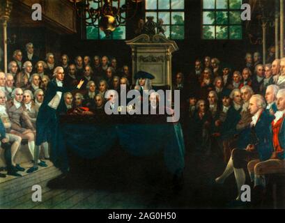 'William Pitt, le jeune, s'attaquer aux Communes", 1793, (1947). Session du parlement au Palais de Westminster, Londres. Le premier ministre William Pitt est sur ses pieds. Charles James Fox est assis sur la banquette avant de l'opposition. Le président Henry Addington est à la présidence. "La Chambre des communes 1793-94', une peinture faite en 1793-1795, la National Portrait Gallery, Londres. "De la Chambre des communes", par Martin Lindsay M.P. [Collins, Londres, 1947] Banque D'Images