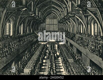 "Le Couronnement de Jacques II Le Dîner à Westminster Hall', 1685, (1947). Tenue de banquets à Westminster Hall au Palais de Westminster à Londres, pour célébrer le couronnement du roi Jacques II. "De la Chambre des communes", par Martin Lindsay M.P. [Collins, Londres, 1947] Banque D'Images