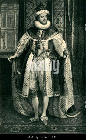 James I, 1620, (1943). Portrait de Jacques I et VI (1566-1625), roi d'Angleterre et d'Écosse. James a parrainé la publication de la version du roi Jacques de la Bible, une traduction anglaise de la Bible chrétienne pour l'Église d'Angleterre, d'abord produite en 1611. Après une peinture dans la Royal Collection Trust, le château de Windsor. À partir de "La Bible en anglais, par Sir Herbert Grierson. [Collins, Londres, 1943] Banque D'Images