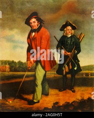 'Golf', fin du 18e-début du 19ème siècle, (1941). Un golfeur prend fin. Son caddy, vêtu d'un chapeau tricorne, transporte les pièces de clubs. À partir de la "Sport", par Eric Parker. [Collins, Londres, 1941] Banque D'Images