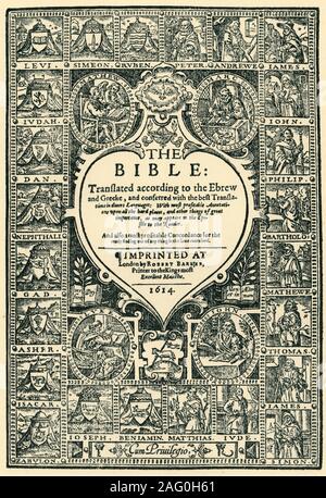 Page de titre de la 'bible' de Genève, 1614, (1943). Le "Genève" version de la Bible est important parce qu'il a été le premier imprimé mécaniquement, produit en masse des Bible en anglais qui a été directement à la disposition du grand public en Grande-Bretagne. En Ecosse, une loi a été votée en 1579 obligeant chaque ménage de suffisamment de moyens pour acheter une copie. C'était un changement complet de la position précédente de l'état qui fait de l'impression ou la publication de la Bible en autre chose qu'un crime punissable de mort. Publié par Robert Barker, l'imprimante pour le roi James I, (Londres, 1614). À partir de "La Banque D'Images