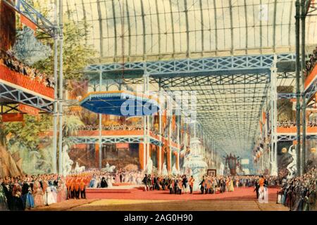 'L'ouverture de la grande exposition par la reine Victoria le 1 mai 1851', (1942). La reine Victoria (1819-1901) l'ouverture de la grande exposition de l'objet-construit le Palais de Cristal à Hyde Park. Conçu par son époux, le Prince Albert, l'exposition avait pour but de mettre en valeur les Œuvres de 'l'industrie de toutes les nations". Le Crystal Palace a été la première étude à grande échelle en ferrovitreous (fer et verre) structure, et a été conçu par le paysagiste, Joseph Paxton. La conception fait la construction préfabriquée, et plus tard le démantèlement de l'édifice, plus facile et plus rapide. Il y avait o Banque D'Images