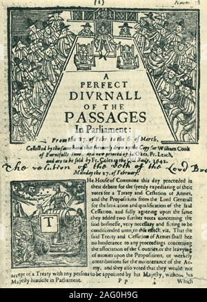 Première page d'un Diurnall "parfaite des passages au Parlement", février-mars 1642, (1945). Journal publié au cours de la guerre civile anglaise. Au-dessus est une session du parlement au Palais de Westminster à Londres, avec un compte d'une procédure relative à un "traité et de la cessation d'armes'. Les journalistes britanniques et de "Journaux", par Derek Hudson. [Collins, Londres, 1945] Banque D'Images