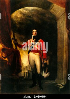 Arthur Wellesley, 1er duc de Wellington, 1814-1815, (1944). Portrait de soldat anglo-irlandais et futur premier ministre britannique Arthur Wellesley, duc de Wellington (1761-1852) le port de l'uniforme de maréchal et permanent, sous un arc de triomphe de style romain. Il détient en altitude l'Épée d'État (symbolisant l'autorité royale) dans un geste héroïque. Le portrait a été commandé par George IV au cours de l'été 1814 après la première défaite de Napoléon. La peinture dans la collection Royale au château de Windsor. À partir de "soldats britanniques", par S. H. F. Johnston. [Collins, Londres, 1944] Banque D'Images