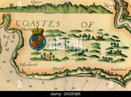 Tableau montrant les moulins à vent comme points de repère sur la côte nord-est de l'Angleterre, 1588, (1947). Les places marquées : Hartlepool, Easington et Sunderland. À partir de détails "Le Mariner's Mirrour" par Anthony Ashley, une traduction anglaise du premier atlas de la mer par Lucas Janszoon Waghenaer. À partir de la "British moulins à vent et des moulins à eau', by C. P. Skilton. [Collins, Londres, 1947] Banque D'Images