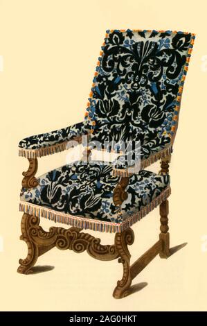 17e siècle chaise avec soulevées, velours, 1836 (1946). Président du 17ème siècle 'velours soulevé dans la caricature de galerie à Knole', demeure seigneuriale à Sevenoaks, dans le Kent. Illustrations de "Speciments de meubles anciens" par Samuel Rush Meyrick. Publié dans "fabricants de meubles Britannique', par John Gloag. [Collins, Londres, 1946] Banque D'Images