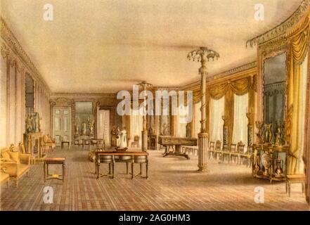 Le Nord Drawing-Room, Royal Pavilion, Brighton, East Sussex, 1824, (1946). Vue d'une des salles de séjour dans le pavillon, le Regency Indo-Saracenic seaside retreat de George, Prince de Galles, avec un design intérieur de John Nash. Colonnes de soutien sont déguisées en palmiers. Fabricants de meubles de "British", par John Gloag. [Collins, Londres, 1946] Banque D'Images