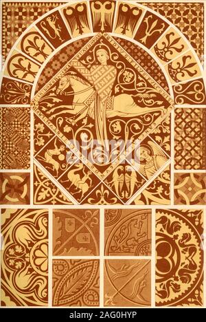 Mosaïque de pierres médiévales, (1898). 'Figs 1-8 : pierre gravée-drapeaux de l'ancienne cathédrale à Saint-omer, 13e siècle (sol brun, design intérieur de cheval et cavalier rempli de rouge). Figs 9 et 10 : sols en mosaïque de terre cuite, émaillé, d'une collection à la Dresden (noir et rouge avec bordure blanche) centres de 13e siècle. Fig 11 et 12 : des sols en mosaïque de terre cuite, émaillé, du cloître de l'église de colombe-les-Sens (rouge, noir et jaune), 12e siècle. Fig 13 et 14 : des sols en mosaïque de terre cuite, émaillé, de l'abbatiale à St-denis (rouge, noir et jaune), 12e siècle. Fig 15 Banque D'Images