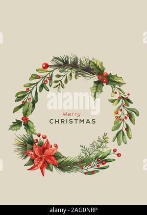Carte Chrismtas aquarelle Collection. Éléments de Noël et typographie. Vector Illustration. Banque D'Images