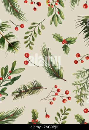 Carte Chrismtas aquarelle Collection. Éléments de Noël et typographie. Vector Illustration. Banque D'Images