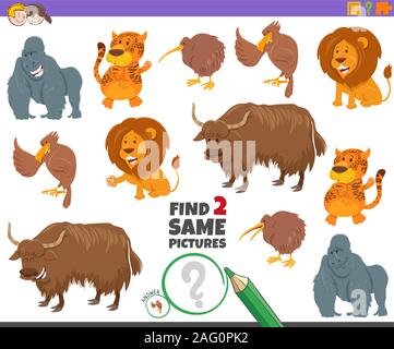 Cartoon Illustration de trouver deux mêmes images Jeu d'activités éducatives pour les enfants avec des caractères d'animaux sauvages Illustration de Vecteur