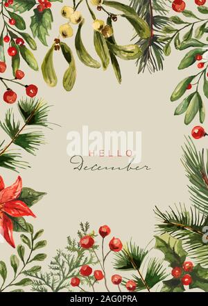 Carte Chrismtas aquarelle Collection. Éléments de Noël et typographie. Vector Illustration. Banque D'Images