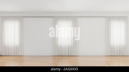 Grand appartement blanc vide avec 3 fenêtres et pas de meubles, vaste espace maquette, rendu 3D Banque D'Images