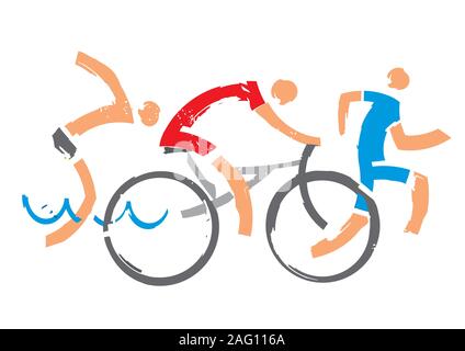 Nageur, cycliste, coureur. Trois athlètes stylisés expressifs de triathlon. Isolé sur fond blanc. Vecteur disponible. Illustration de Vecteur