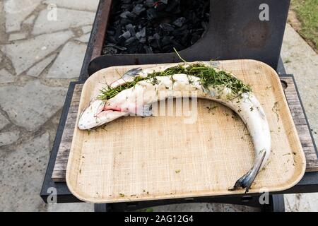 Farci au Saumon aux fines herbes à faire griller sur le barbecue Banque D'Images