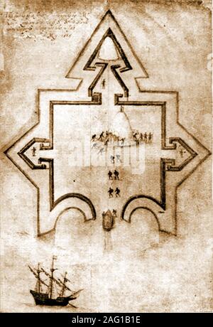 La colonie de Roanoke en Etats-unis - Un contour plan du fort construit par le gouverneur Ralph Lane en 1585 sur l'île de Roanoke (osent County, Caroline du Nord). Banque D'Images