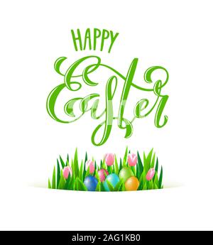Avec l'affiche Joyeuses Pâques écrite par main de phrase. Carte postale avec des oeufs de Pâques au printemps, l'herbe et des fleurs. Vector illustration Illustration de Vecteur