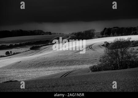 Le Lincolnshire Wolds, East Midlands, Royaume-Uni, mai 2019, vue de la campagne du Lincolnshire en noir et blanc Banque D'Images