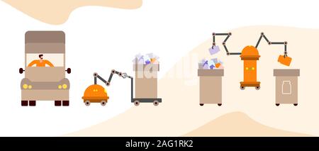 Vector illustration une collecte, le transport, le tri, le recyclage des déchets par les personnes, d'un robot. Tri des déchets concept de gestion. Eco friendl Illustration de Vecteur