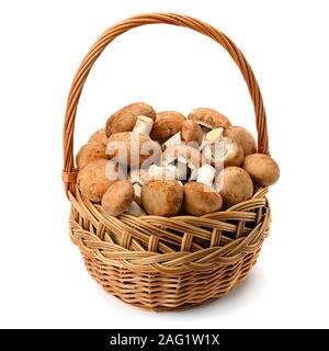 Champignons avec brown chapeaux dans un panier en osier isolé sur fond blanc. Banque D'Images